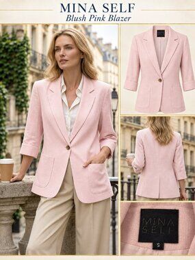NWT Mina Self Peach Pink Linen Blazer 3/4 Sleeve Summer Workwear Lightweight